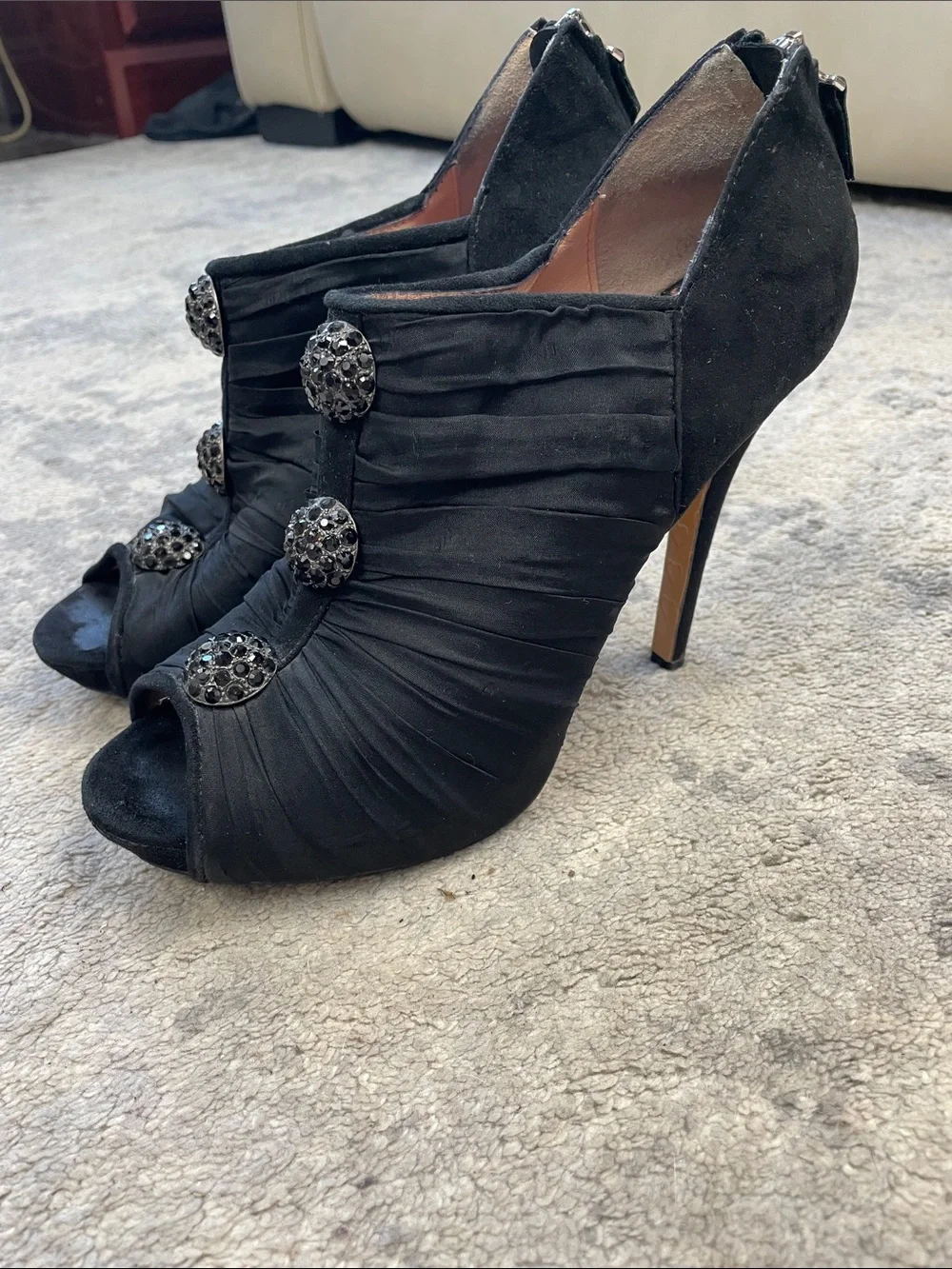 Betsey Johnson Black Ruched Chiffon Peep Toe Booties Heels Crystal Buttons 9.5